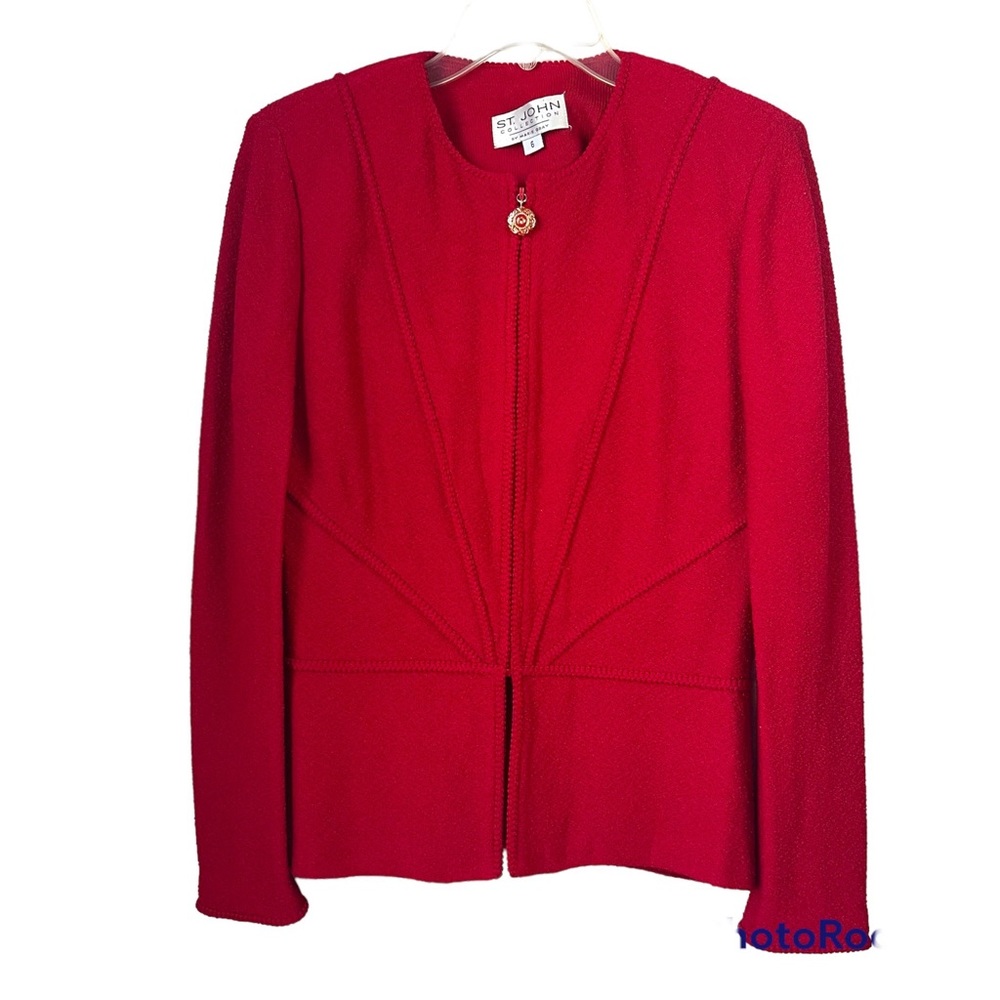 St. John Collection santana knit zip up blazer jacket size 6 button seaming red